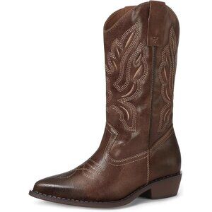 🆕Mysoft Cowboy Heel Boots Women Drak Brown PU Embroidered Mid-Calf Pointed Toe